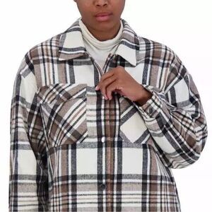HFX Women's M Shirt Jacket Heavyweight Relaxed Dropped Shoulders Brown Plaid NWT